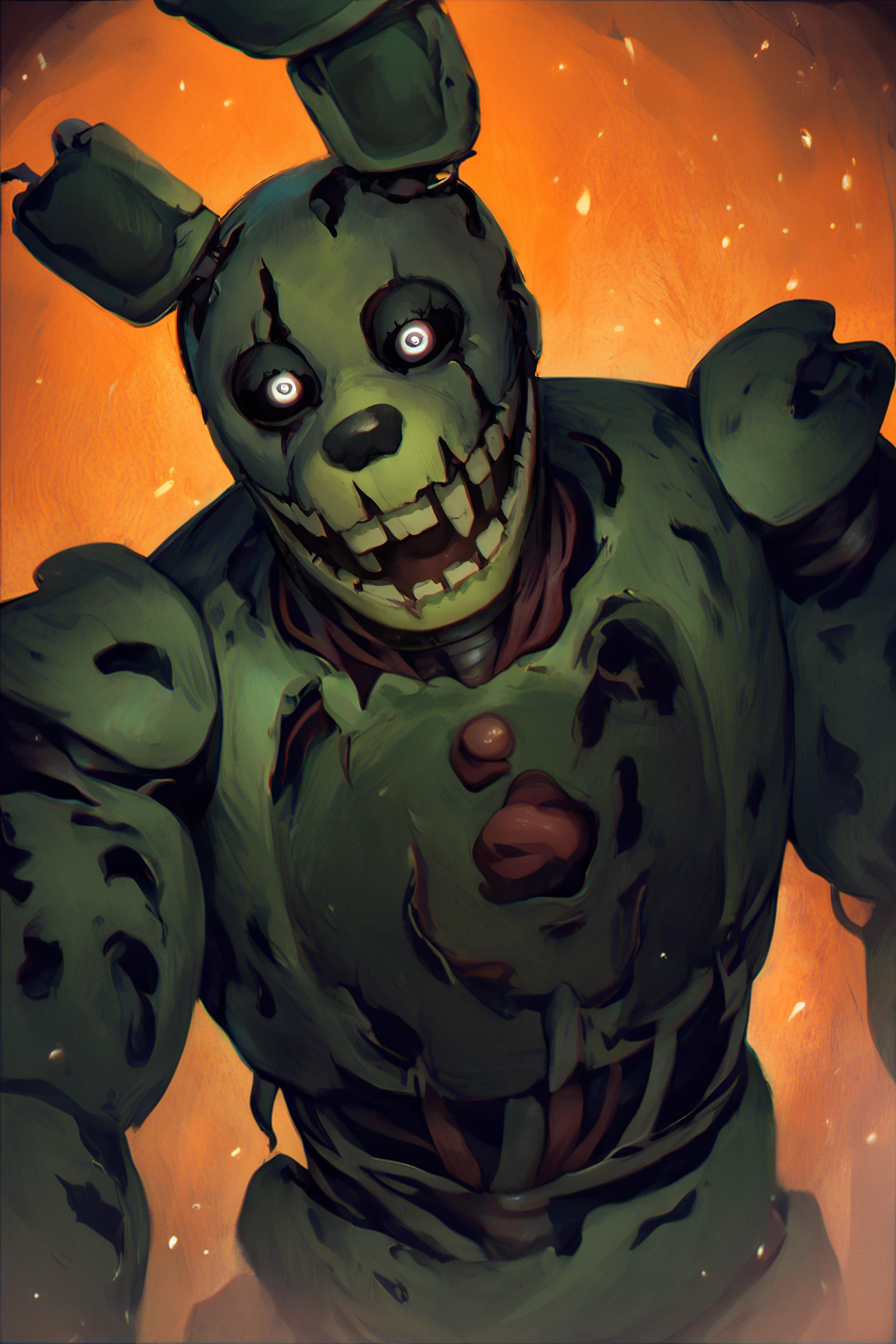 score_9, score_8_up, score_7_up, (masterpiece, amazing quality, best quality, 8k), 1boy, solo, FNAF_3, (((springtrap))), rabbit, anthro, male, scream, open mouth, horror (theme), green fur, looking at viewer, nude, muscular, chromatic aberration, dynamic angle, dynamic pose, (half body), springtrap, animatronic, orange background, fire inside, fire around, fire, light particles, black sclera, white glowing eyes, detailed eyes, correct eyes, 32k, UHD <lora:chunie-Pony-XL-v6:0.45> <lora:cr33pp41ntXLP:0.4> <lora:Springtrap_v2_Pony:1> <lora:Kidde_Jukes:0.55>