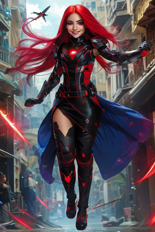 (masterpiece), best quality, expressive eyes, Futuristic White Hispanic female Earth Mage in futuristic magical garb, 23 years old, red hair with black accents, red eyes, flying in the air above viewer, holding down skirt while floating in the air above a Florida city, bashful smile, full body visible, wielding dangerous weapons while still appearing cute. normal eyes