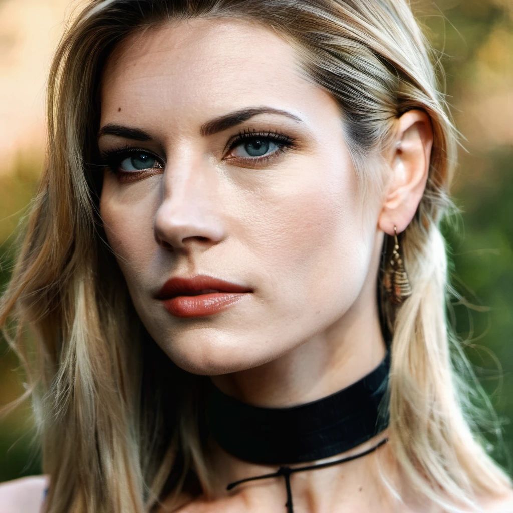 Skin texture, no makeup, Super high res closeup portrait photo of a woman outdoors with straight hair, wearing a small string choker around her neck,f /2.8, Canon, 85mm,cinematic, high quality,looking at the viewer,  katxwinnick,   <lora:katwinnick_juggerX_xl_1_st_wocap-katxwinnick-000061:1>