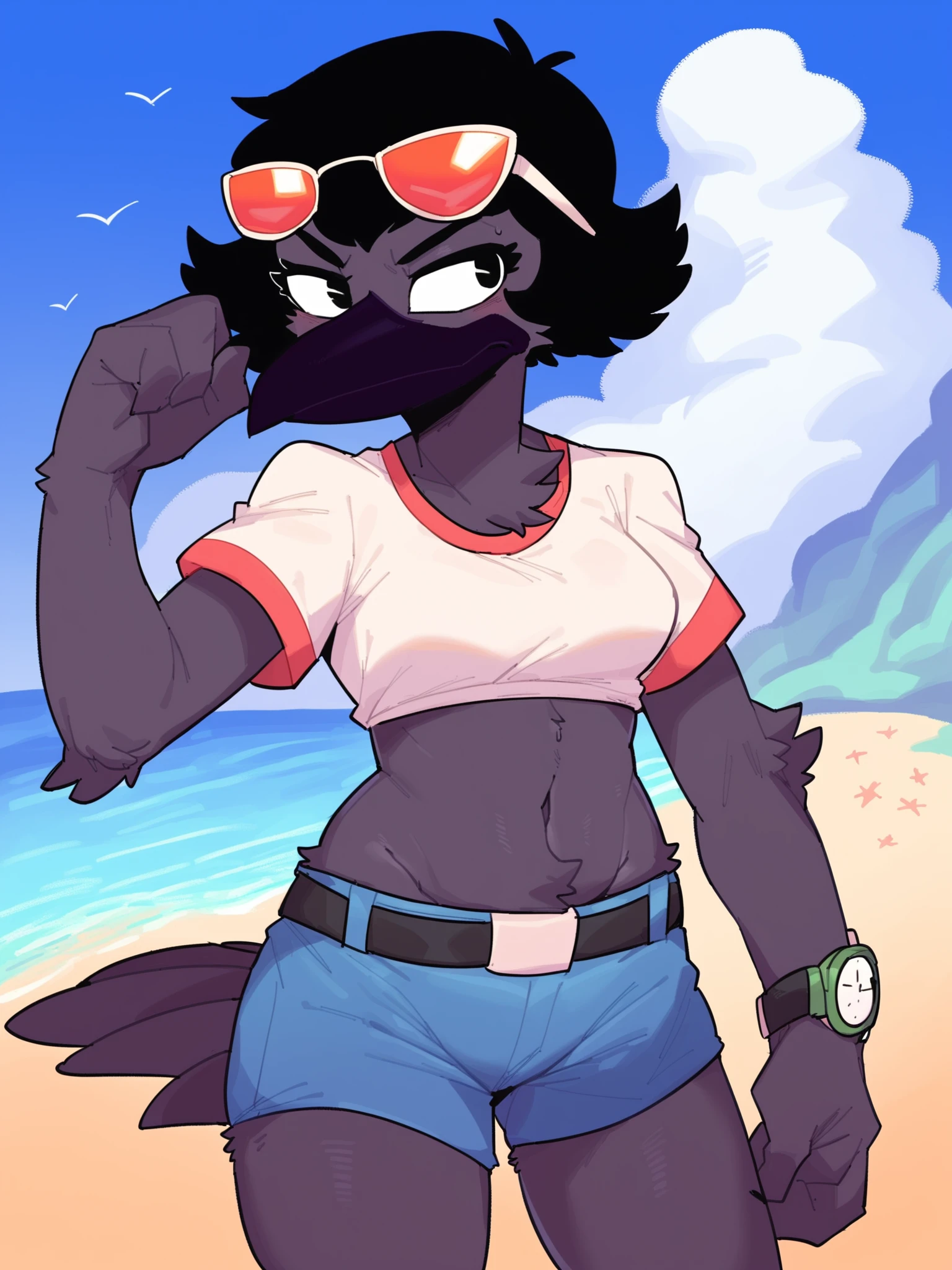 score_9, score_8_up, score_7_up, score_6_up, best quality, highres, source_furry, masterpiece, BREAK bjp BREAK
1girl, female, beach, beak, avian, tokyo, japan, gym shorts, crop top, belt, dark beak, crow, corvid, wristwatch, furrowed brow, frown, midriff, navel, breasts, sunglasses on face, black hair, short hair, black skin, tail feathers <lora:Inspector_Tezuka:1>