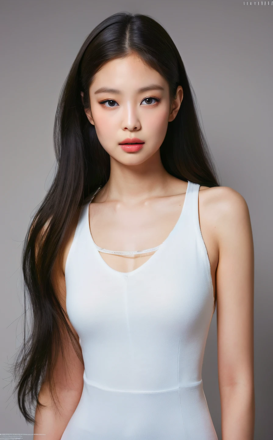 <lora:Jennie_V1:1> Jâ¬nn!e, Best quality, masterpiece, ultra high res, (photorealistic:1.4), raw photo,1girl, solo, realistic, (looking at viewer:1.2), upper body,simple gray background, white dress, long hair