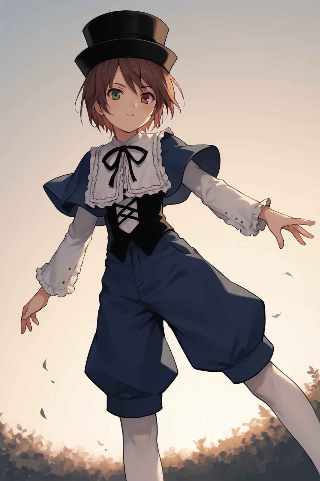 score_9, score_8_up, score_7_up, score_6_up, score_5_up, score_4_up, source_anime, BREAK
1girl, <lora:Souseiseki_pdxl_v1.0:0.9> souseiseki, capelet, shirt, corset, ribbon, hat, white pantyhose, pants, BREAK
outdoors, sunset