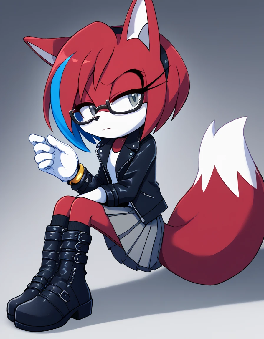 score_9, score_8_up, score_7_up, score_6_up, score_5_up, score_4_up, <lora:Senshion210:1> senshion, 1girl, furry female, red fur, fox, fox tail, fox ears, red hair, blue highlights, two-tone hair, streaked hair, bob cut, swept bangs, grey eyes, expressionless, half-rim glasses, pleated skirt, grey skirt, black kneehighs, black boots, leather jacket, white gloves, BREAK <lora:pony_good_hands:0.6> source_anime, good_hands, better_hands