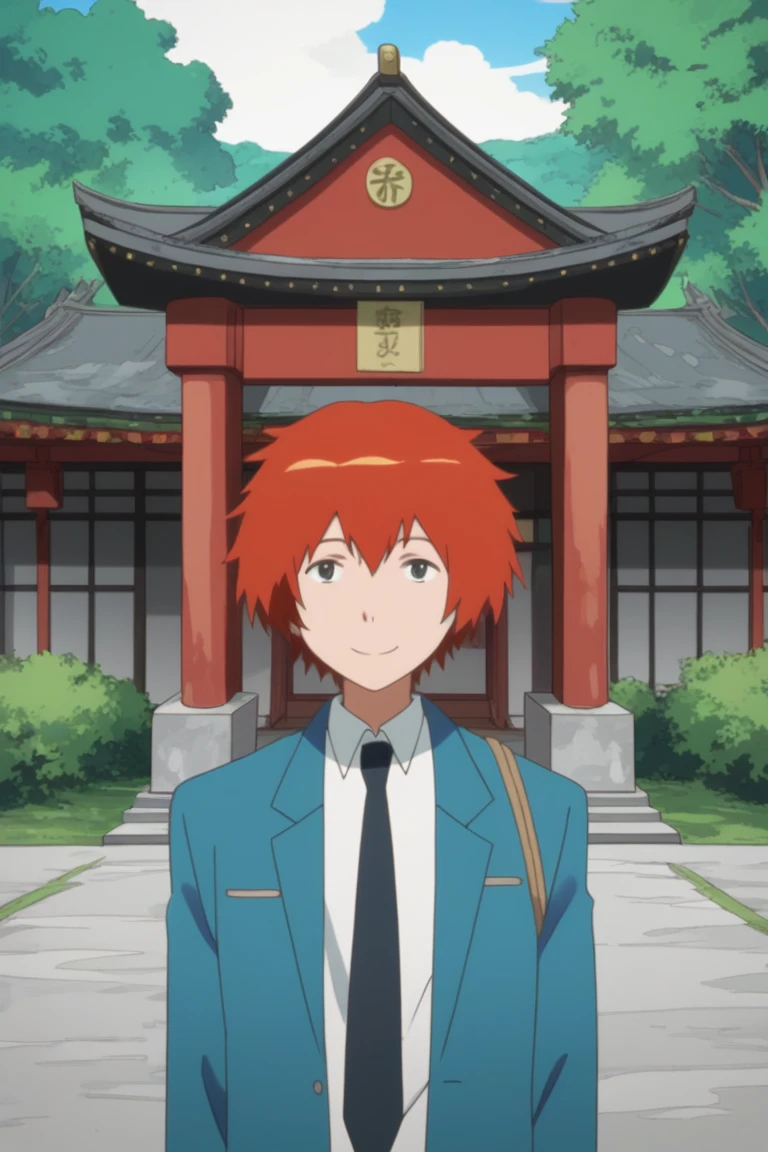 score_9, score_8_up, score_7_up, masterpiece, best quality, amazing quality, best aesthetic, ,absurdres,intricate details,male focus, yuki sanada, red hair, grey eyes, blue blazer, white shirt, school uniform, blue necktie, shrine, solo, tree, 1boy, smile, male focus, east asian architecture, architecture, looking at viewer, outdoors, rope, anime coloring<lora:EMS-418648-EMS:1.000000>