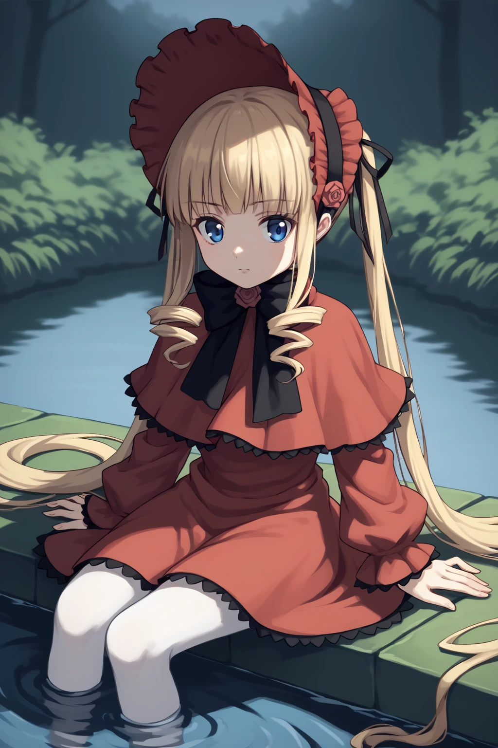 score_9, score_8_up, score_7_up, score_6_up, score_5_up, score_4_up, source_anime, BREAK
1girl, <lora:Shinku_pdxl_v1.0:0.9> shinku, capelet, dress, bonnet, bow, ribbon, white pantyhose, BREAK
outdoors, pond, sitting, soaking feet, water