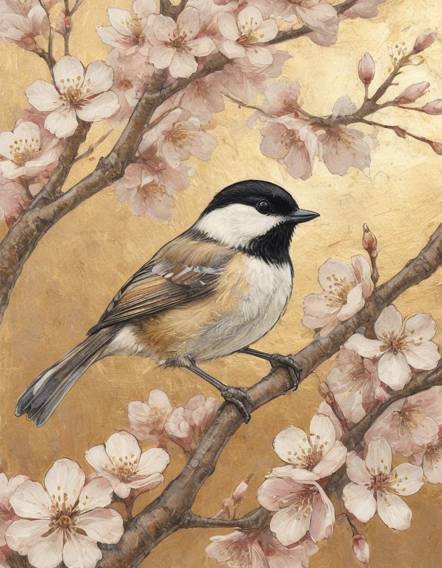 gold leaf illustration of a chickadee on a cherry blossom tree branch