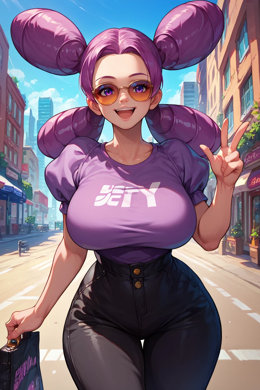 score_9, score_8_up, score_7_up, score_6_up, source_anime, 1girl, solo  <lora:pkmnfantina-pdxl-nvwls-v1-000006:1> fantina, purple hair, double bun, low twintails, purple t-shirt, puffy sleeves, big breasts, black pants, wide hips, looking at you, happy, sunglasses, city, blue sky