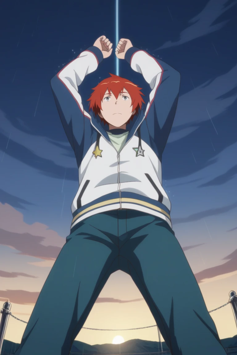 score_9, score_8_up, score_7_up, masterpiece, best quality, amazing quality, best aesthetic, ,absurdres,intricate details,male focus, yuki sanada, red hair, grey eyes, 1boy, male focus, solo, rain, jacket, arms up, pants, sky, cloud, from below, night, long sleeves, star (symbol), parody<lora:EMS-418648-EMS:1.000000>