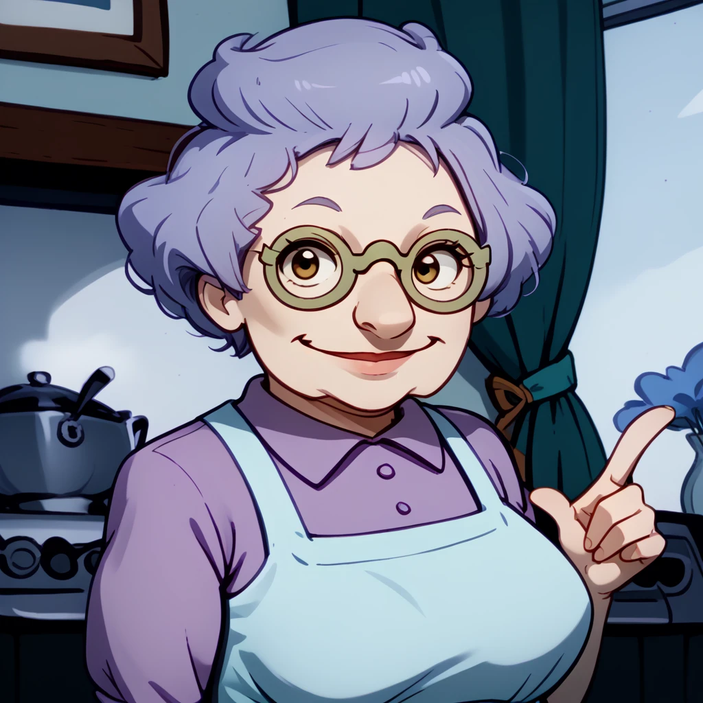 <lora:Minka_Kropotkin_-_Rugrats-10:1.25>1girl, old lady, light blue hair, blue shirt, apron, pince_nez_glasses, vintage_eyewear, dark blue skirt, portrait, looking at viewer, smile, source_cartoon, score_9, score_8_up, score_7_up,