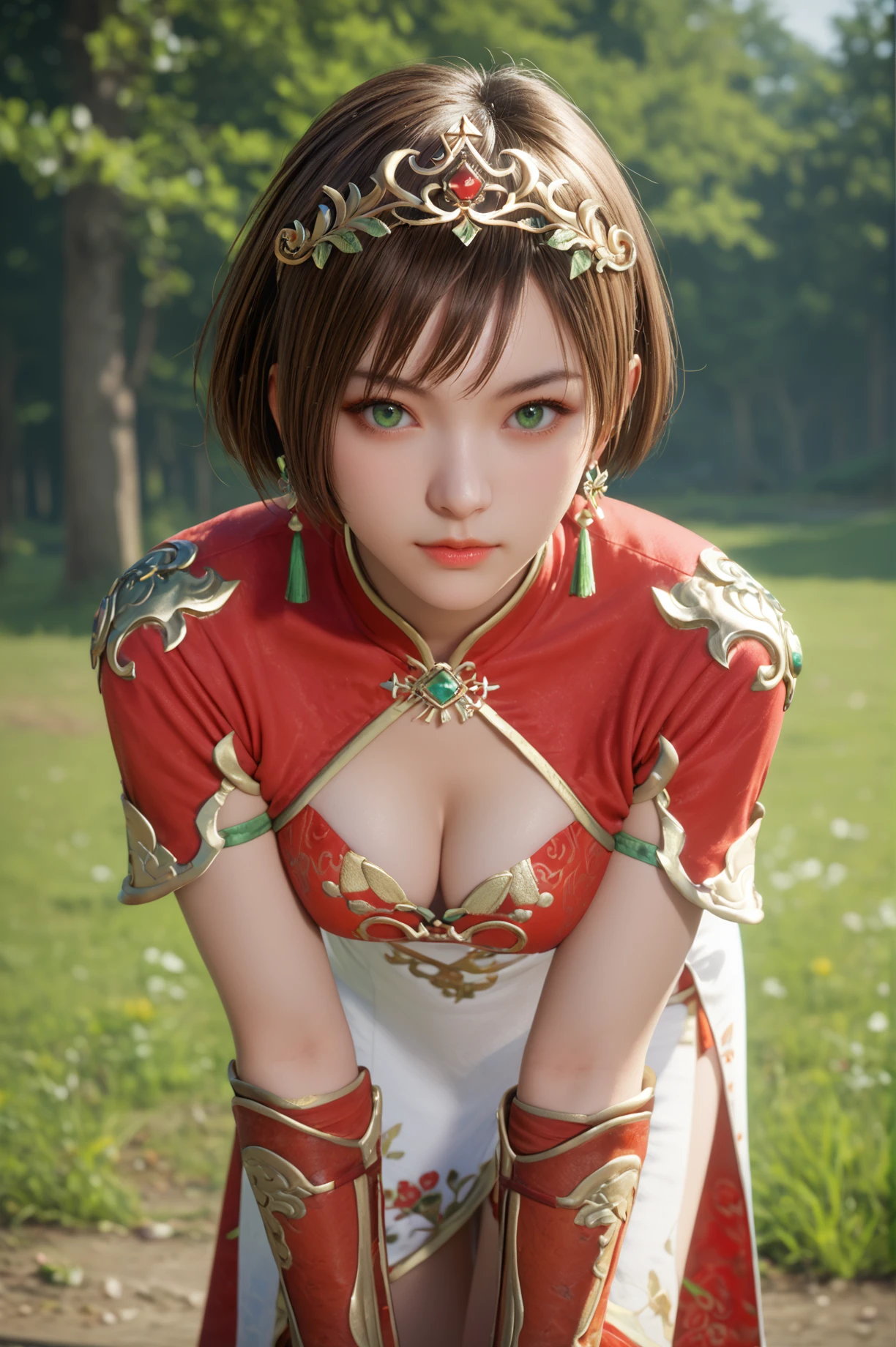 score_9, score_8_up, score_7_up, masterpiece, best quality, perfect anatomy, very aesthetic, BREAK She stands with her hands on her knees, bending forward to catch her breath., <lora:Sun_Shangxiang_Dynasty_Warriors:0.7> solo, 1girl, short hair, brown hair, green eyes, tiara, jewelry, earrings, chinese clothes, cleavage cutout, outdoors, looking at viewer