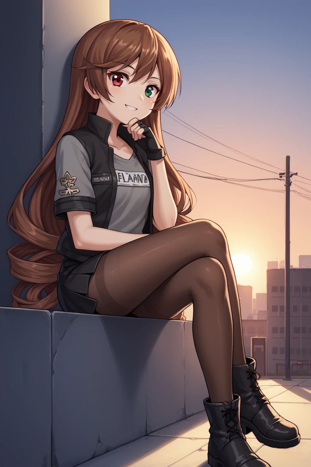 score_9, score_8_up, score_7_up, score_6_up, score_5_up, score_4_up, source_anime, BREAK
1girl, <lora:Suiseiseki_pdxl_v1.0:0.85> suiseiseki, black footwear, black gloves, jacket, brown pantyhose, clothes writing, crossed legs, fingerless gloves, grey shirt, open jacket, short sleeves, black skirt, BREAK
building, evening, industrial pipe, outdoors, sunset, BREAK
hand on own chin, looking at viewer, sitting, smile