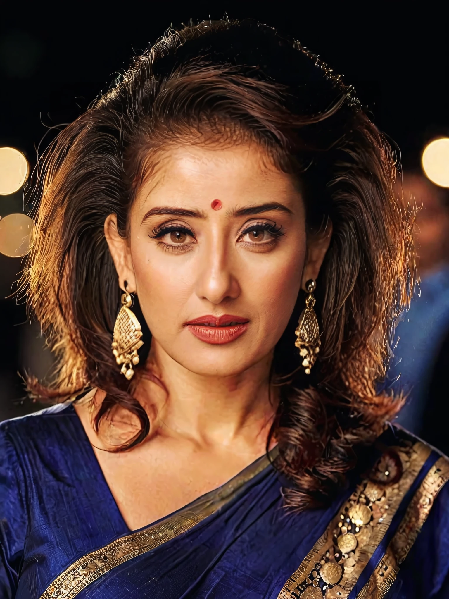 upper body photo of manisha koirala woman, solo, messy hair cut, , looking at the camera,  Navy Blue ethnic clothing, night time, contrasting background bokeh, <lora:Manisha_Koirala_SDXL_LoRA_prodigy_local_xformers_HNE-000025:1>