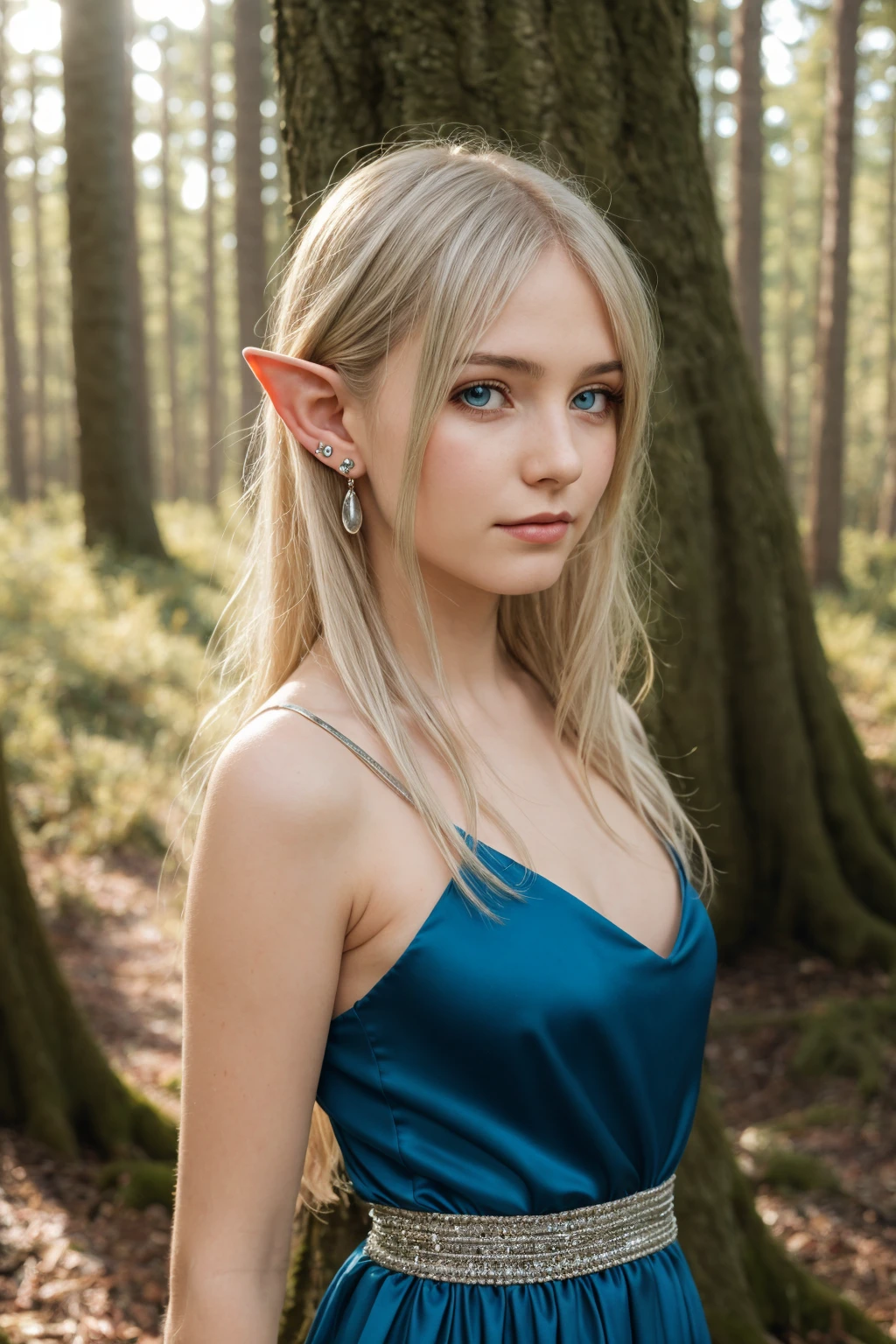 northen european woman,elf,pointy ears,ear piercing,20yo,silver hair, blue dress,fantasy,forest, looking at viewer, diffused soft lighting, shallow depth of field