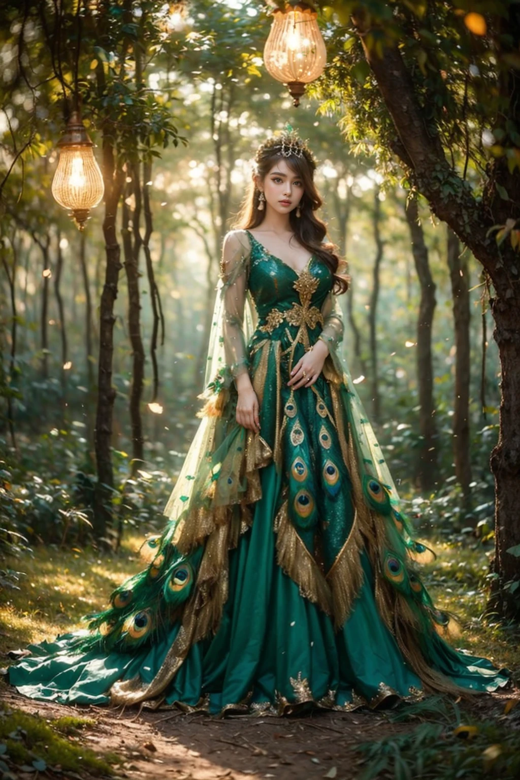 high quality,masterpiece,professional photography,8k,realistic,a girl in a peacock dress standing in a forest, jungle gown, fantasy photoshoot,royal green and nature light,looking majestic in forest,decorated with intricate details in emerald green and gold,solo,standing,long hair,looking at viewer,brown hair,long sleeves,brown eyes,blurry,tree,depth of field,fantasy art style,falling golden sparks add a magical touch to the scene, decorative light bulbs,plant,stairs,((peacock green feathers dress)),detailed textures, <lora:JAY - Jungle Princess:0.8>,