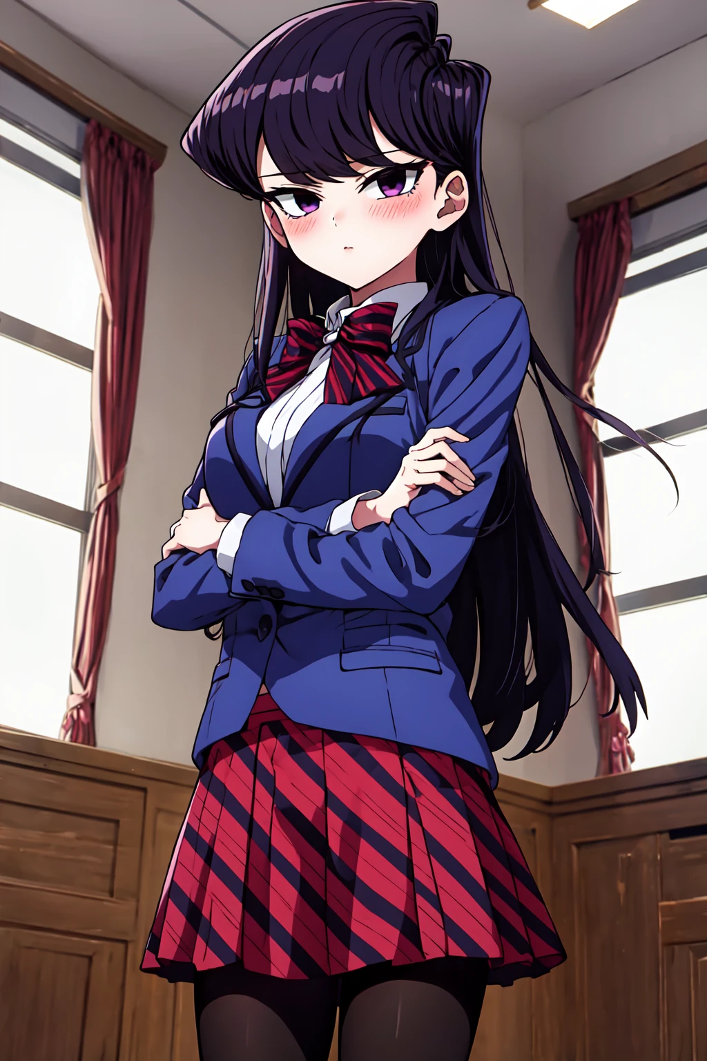 masterpiece, best quality, Standing with arms crossed over chest,   <lora:Komisan-07:1> KomisanUni1, komi shouko, 1girl, solo, long hair, black hair, purple eyes, blue jacket, long sleeves, white shirt, bowtie, red bow, striped bow, red skirt, striped skirt, black pantyhose, indoors, blush,