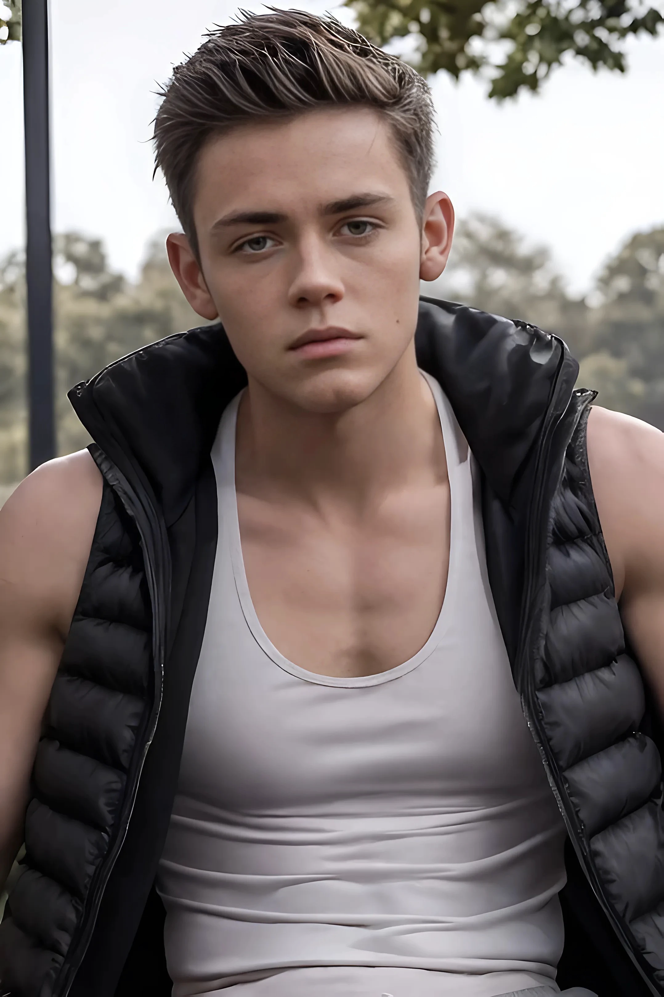 Carl Gallagher, ((masterpiece)), ((best quality:1.2)), High Resolution, 8k, headshot portrait, 1boy, (perfect face), wide angle, handsome, ((wearing an open sleeveless black puffer jacket:1.3)), ((wearing tight white tank top)), no expression, looking at viewer, he is sitting at park bench, toned body, blue eyes, short brown hair, natural lighting, high quality, thin but toned, defined arms, 