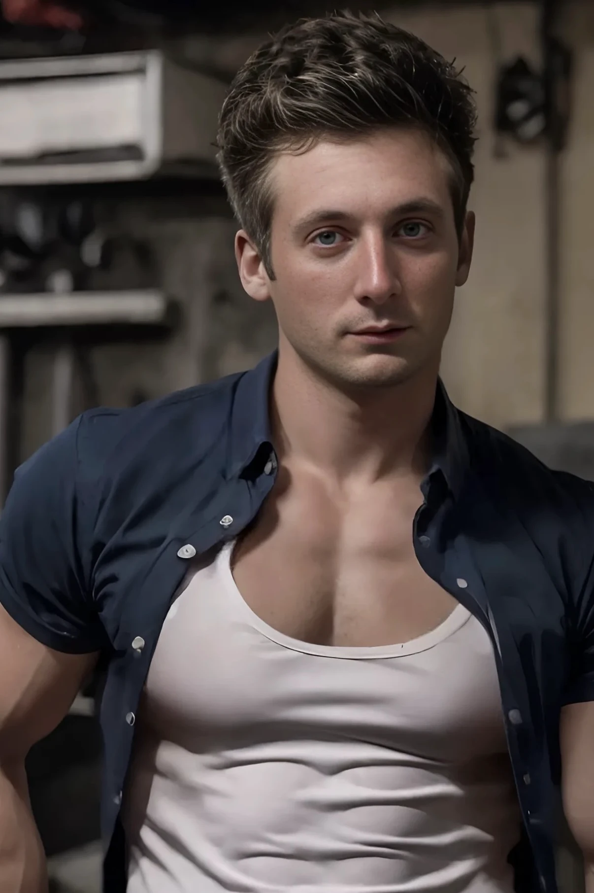 headshot of Lip Gallagher wearing a mechanics uniform; navy blue short sleeve open shirt a tight white tank top underneath, handsome man, attractive man, handsome male, in repair garage, inspired by Pablo Munoz Gomez, editorial photograph, headshot of a Lip Gallagher, by Roman Bezpalkiv, by Artur Tarnowski, maxim sukharev, by Gabor Szikszai,Highly Detailed, highly detailed, broad shouldered, slim but toned,