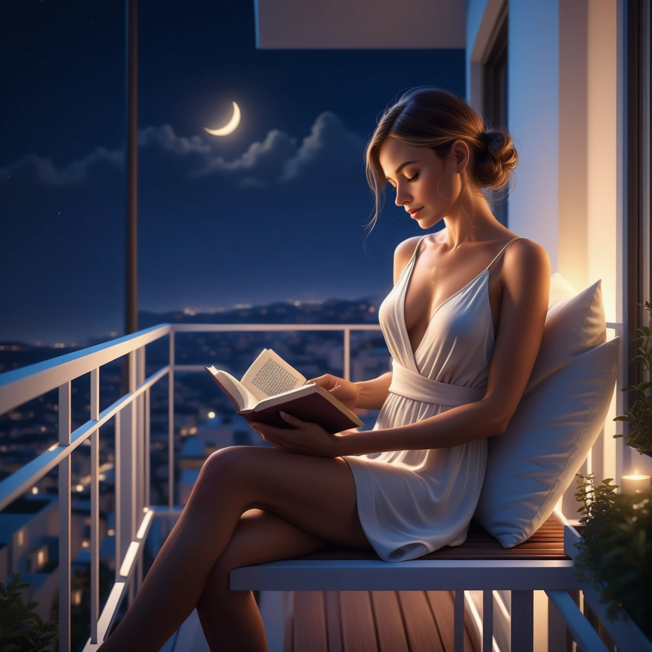 a woman reading a book on a  Jed-Modern balcony, nightsky, masterpiece, full of details,ambient light, photorealistic, sharp and in focus  <lora:ModernInteriorSDXL:0.7>