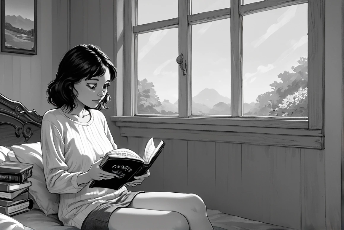 score_9, score_8_up, score_8,   <lora:Itagaki_v2:0.8> b4kisty13, greyscale, monochrome, 1girl, sitting, bedroom, reading book, window