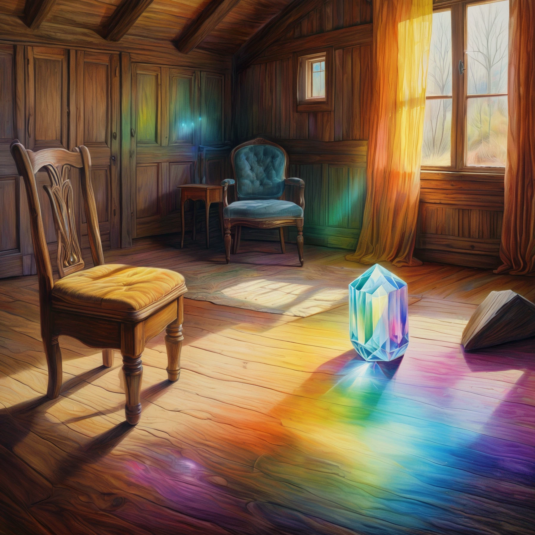 Color drawing of mysterious crystal, in a rustic bedroom. Light shining through a crystal. Light refraction. Casting colorful light upon the floor. A chair, a table.

<lora:PencilDrawEn01_CE_SDXL:0.6>