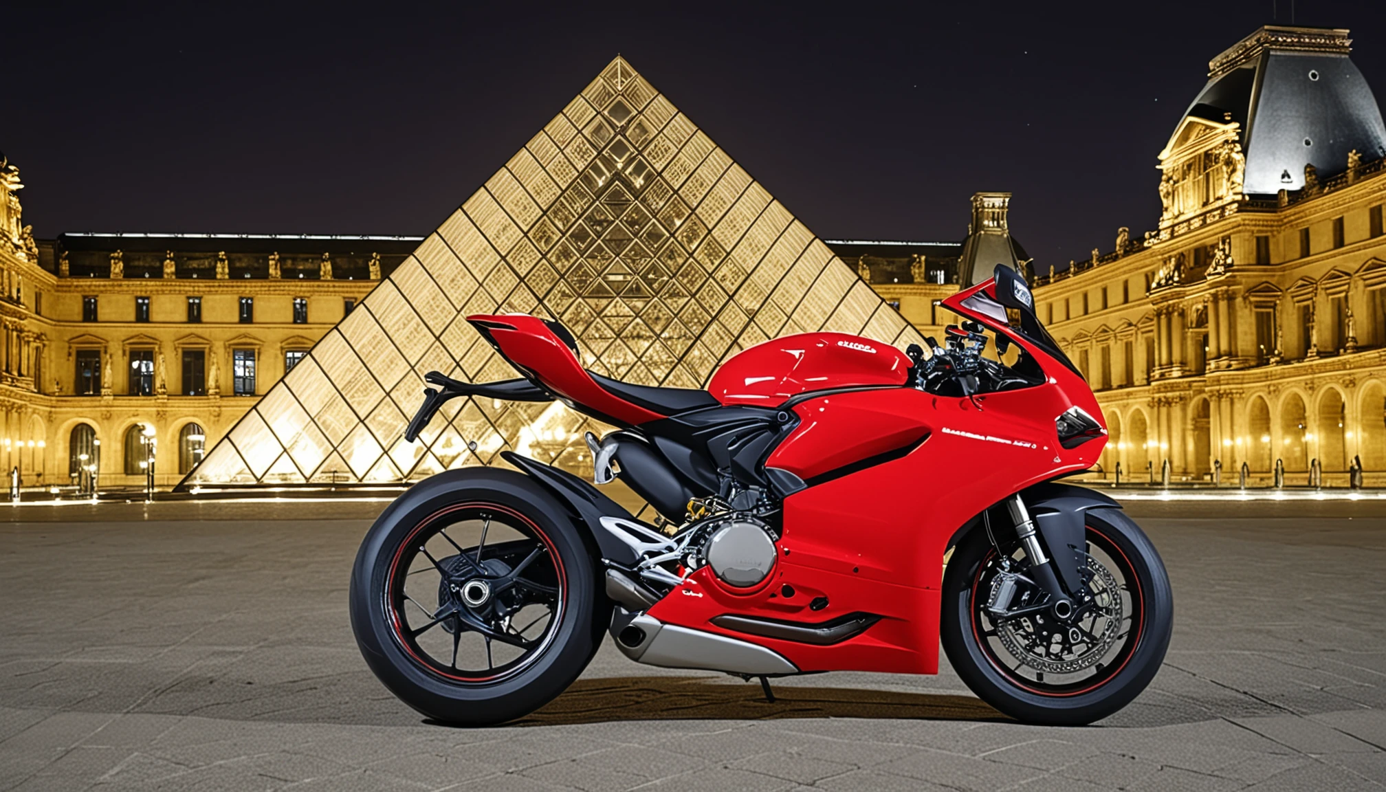 advertising photography, red ducati motorbike parked in front of the LOUVRE, glass pyramid, night time
