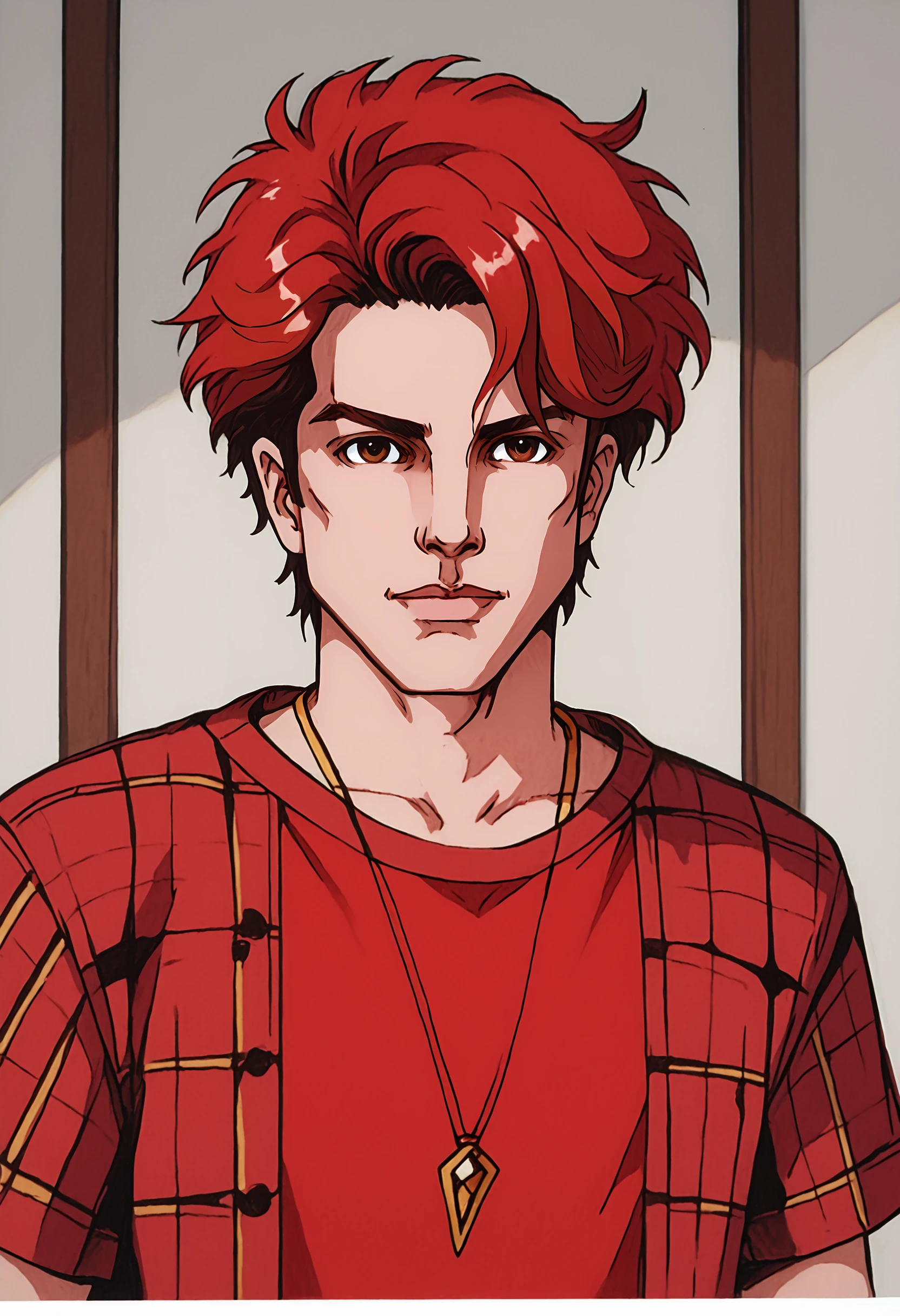 solo, shirt, brown eyes, jewelry, necklace, red shirt, red hair, plaid shirt, 1boy, male focus, indoors, plaid, upper body,, comic art style, source_cartoon BREAK PonyXLV6_Scores DskfllArtPosXLPNY_