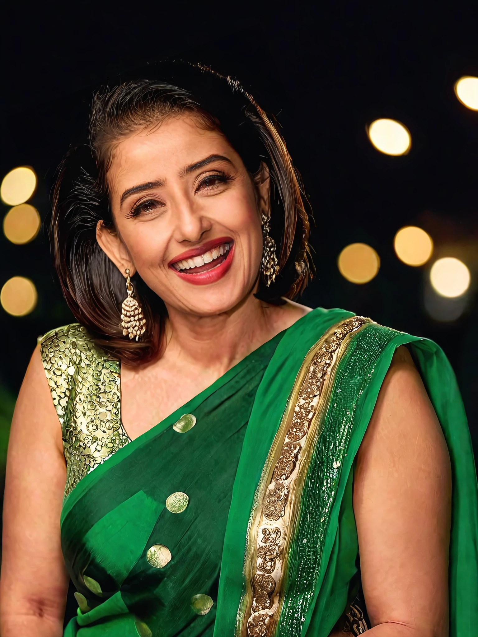 portrait photo of manisha koirala woman, solo, bob hair cut, laughing, looking at the camera,  Emerald ethnic clothing, night time, contrasting background bokeh, <lora:Manisha_Koirala_SDXL_LoRA_prodigy_local_xformers_HNE-000025:1>