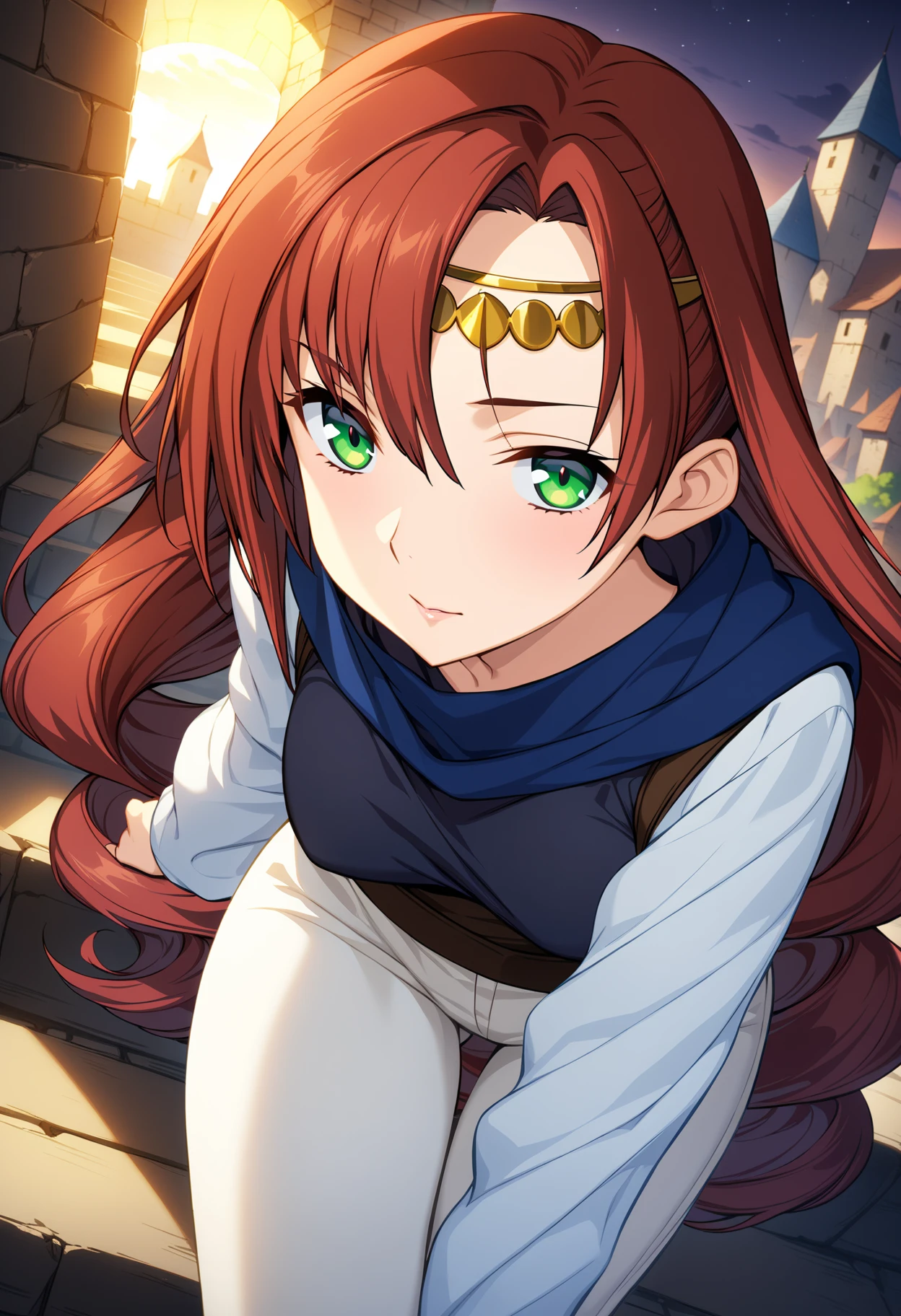 (masterpiece:1.2),best quality,very aesthetic,absurdres,fantasy,1girl,<lora:elenoa_ran_v2:1>,elenoa_ran,circlet,02clothes,white pants,red hair,green eyes,very long hair,medieval cityscape,looking_at_viewer,dynamic_angle,cinematic_angle,(night:1.2),stars,<lora:Fixhands_anime_bdsqlsz_V1:1>,full body,sitting_on_stairs,, masterpiece,best quality, very aesthetic, absurdres, ultra detailed, high resolution, 4k, extremely detailed CG,