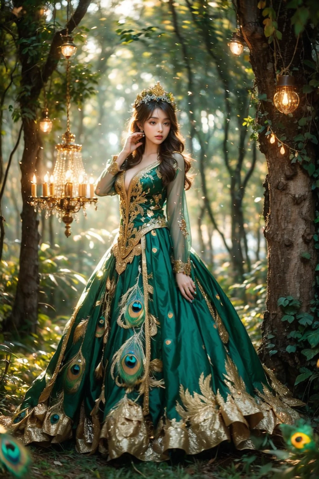 high quality,masterpiece,professional photography,8k,realistic,a girl in a peacock dress standing in a forest, jungle gown, fantasy photoshoot,royal green and nature light,looking majestic in forest,decorated with intricate details in emerald green and gold,solo,standing,long hair,looking at viewer,brown hair,long sleeves,brown eyes,blurry,tree,depth of field,fantasy art style,falling golden sparks add a magical touch to the scene, decorative light bulbs,plant,stairs,((peacock green feathers dress)),detailed textures, <lora:JAY - Jungle Princess:0.8>,