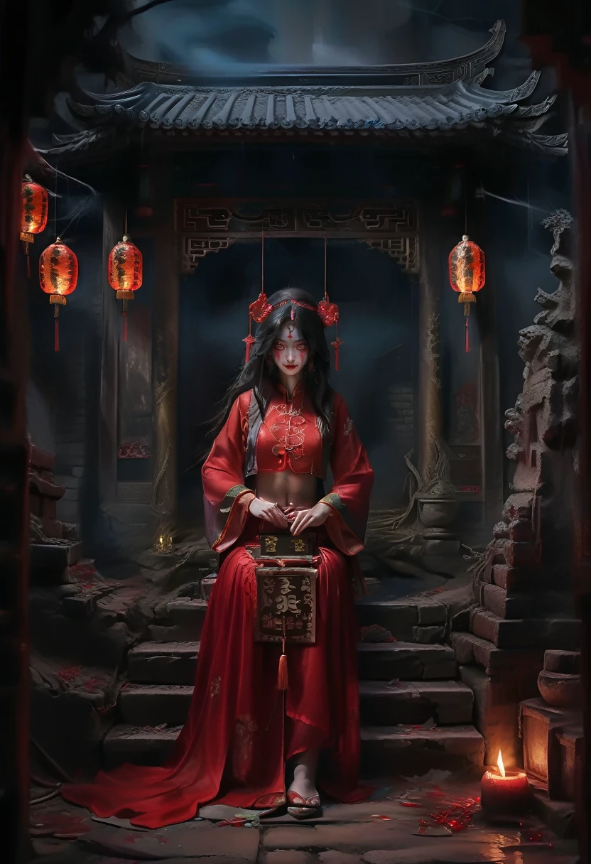 (((best quality, masterpiece, ultra-detailed))), (((high quality photography, Canon EOS R3, photorealistic))), horror art, dark, Chinese Horror, 1girl, upper body, solo, Chinese architecture, Graveyard, haunted houseChinese architecture, haunted house, chinese lantern, horror, dark theme, night, smoke, red hanfu, mirror, coffin, blood, red clothes, best quality, <lora:增加細節3:1>