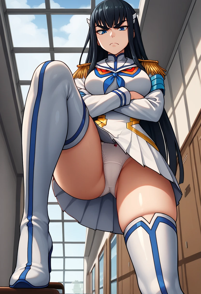 score_9, score_8_up, score_7_up, source_anime BREAK 1girl,  looking at viewer, cowboy shot,
<lora:KiryuuinSatsukiDwnsty:0.8>, satsuki_def, epaulettes, neckerchief, blue eyes, black hair, sailor collar, white skirt, long sleeves, white footwear, thigh boots, 
large breasts, skindentation, narrowed eyes, crossed arms, light frown, straight-on,  from below, leg up, leg support,  pantyshot, white panties,
indoors, hallway, window, day, cloudy sky, school,