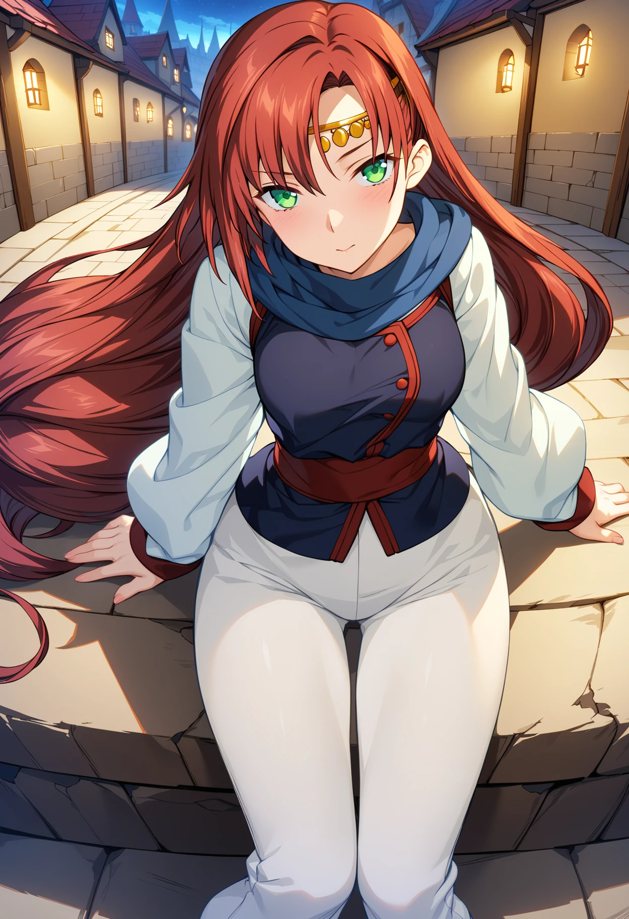 (masterpiece:1.2),best quality,very aesthetic,absurdres,fantasy,1girl,<lora:elenoa_ran_v2:1>,elenoa_ran,circlet,02clothes,white pants,red hair,green eyes,very long hair,medieval cityscape,looking_at_viewer,dynamic_angle,cinematic_angle,(night:1.2),stars,<lora:Fixhands_anime_bdsqlsz_V1:1>,full body,sitting_on_stairs,legs_together,, masterpiece,best quality, very aesthetic, absurdres, ultra detailed, high resolution, 4k, extremely detailed CG,