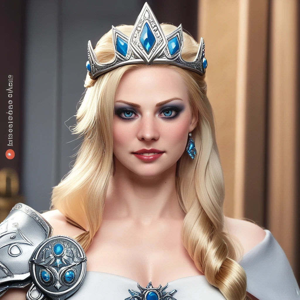 score_9, score_8_up, score_7_up, source_anime, professional photograph of Kattarin woman, upper body, she is wearing a white fur tunic, she's wearing furs and a silver crown, she's an ice queen, like Elsa, viking barbarian queen in a russian ice palace, hair combed to the sides, blonde, eyeliner, standing in an elven palace, elven fantasy palace lobby, elegant furniture. <lora:Deborah Ann Woll Pony:1>