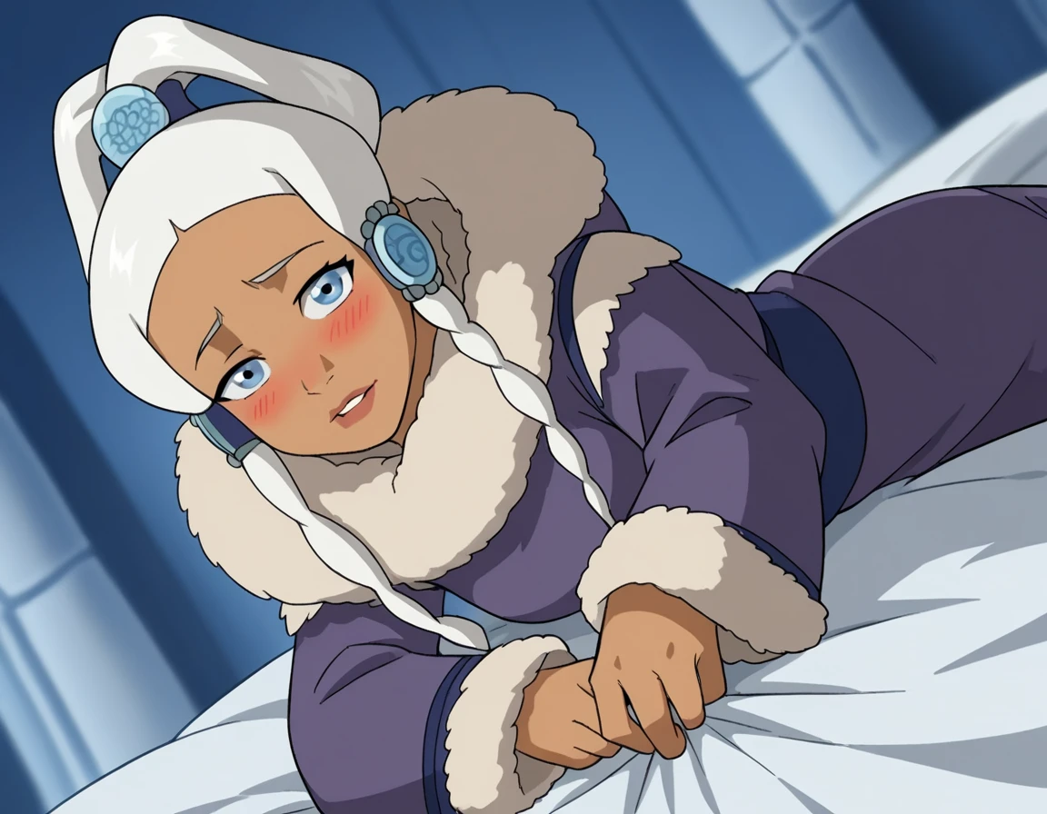 score_9, score_8_up, score_7_up, source_anime, <lora:princess-yue-book1-ponyxl-lora-nochekaiser:1>, princess yue, long hair, blue eyes, ponytail, white hair, dark skin, dark-skinned female, makeup, sidelocks, hair ornament,, fur trim, hood, hoodie, long sleeves, coat, sash,, indoors, bed, bed room, on side, blush, drunk, looking at viewer, solo, cowboy shot, dutch angle