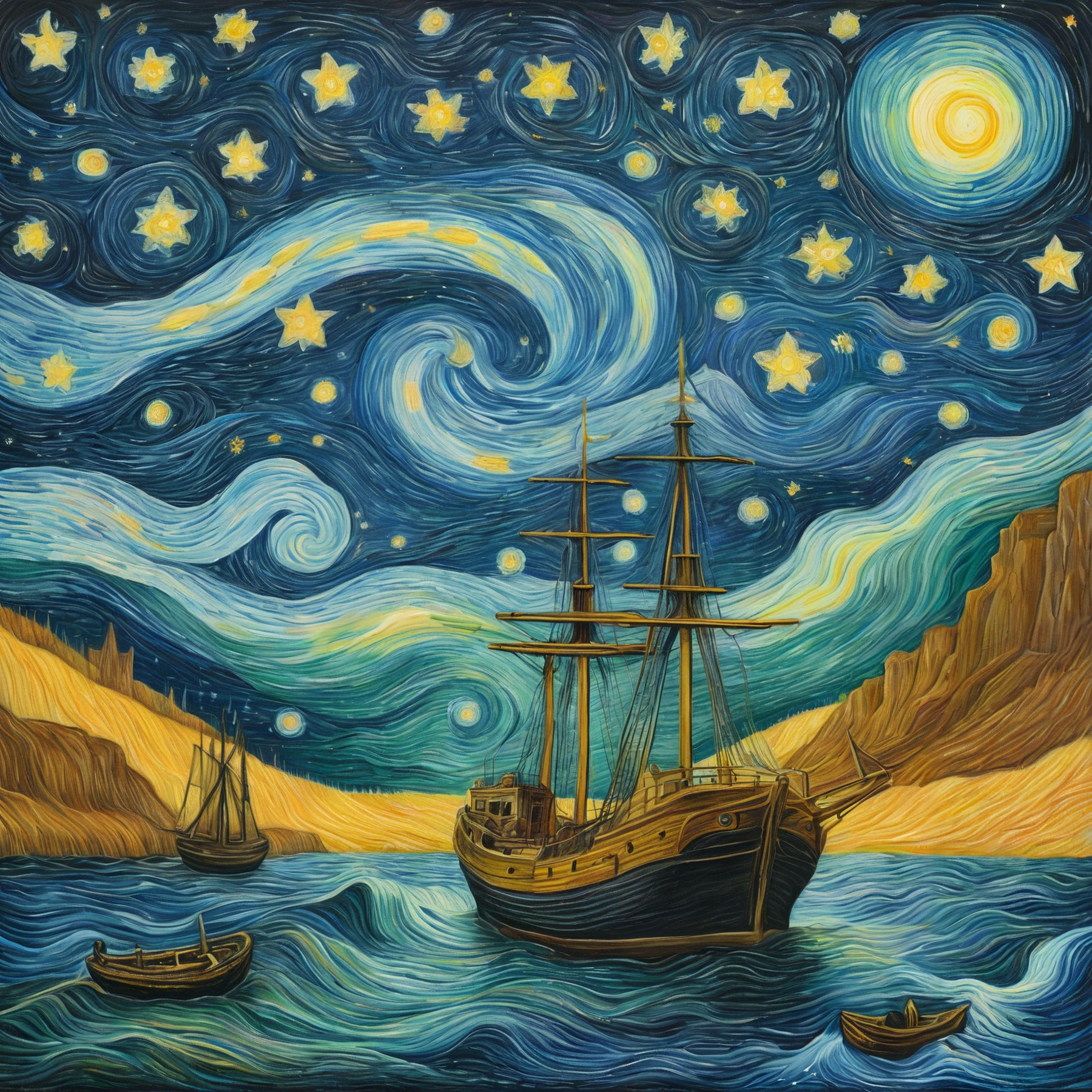 Color drawing of a Van Gough's Starry Night over and ship at sea.

<lora:PencilDrawEn01_CE_SDXL:0.6>