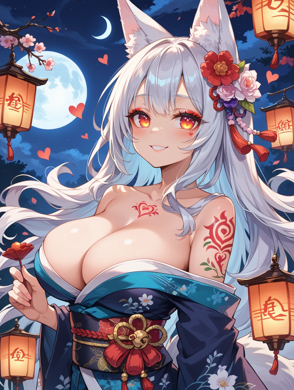 score_9, score_8_up, score_7_up,source_anime,BREAK,
1girl, woman, kitsune girl, golden bands, blushing, heart, cowboy shot, beautiful face, thick eyelashes, glowing white eyes, fox ears, long flowy silver hair, cute smile, dark eyeshadow, (glowing shoulders tattoos, glowing tattoos:1.2), floral decoration in hair, night time, shinning moon, blush, white floral kimono, large breasts, cleavage