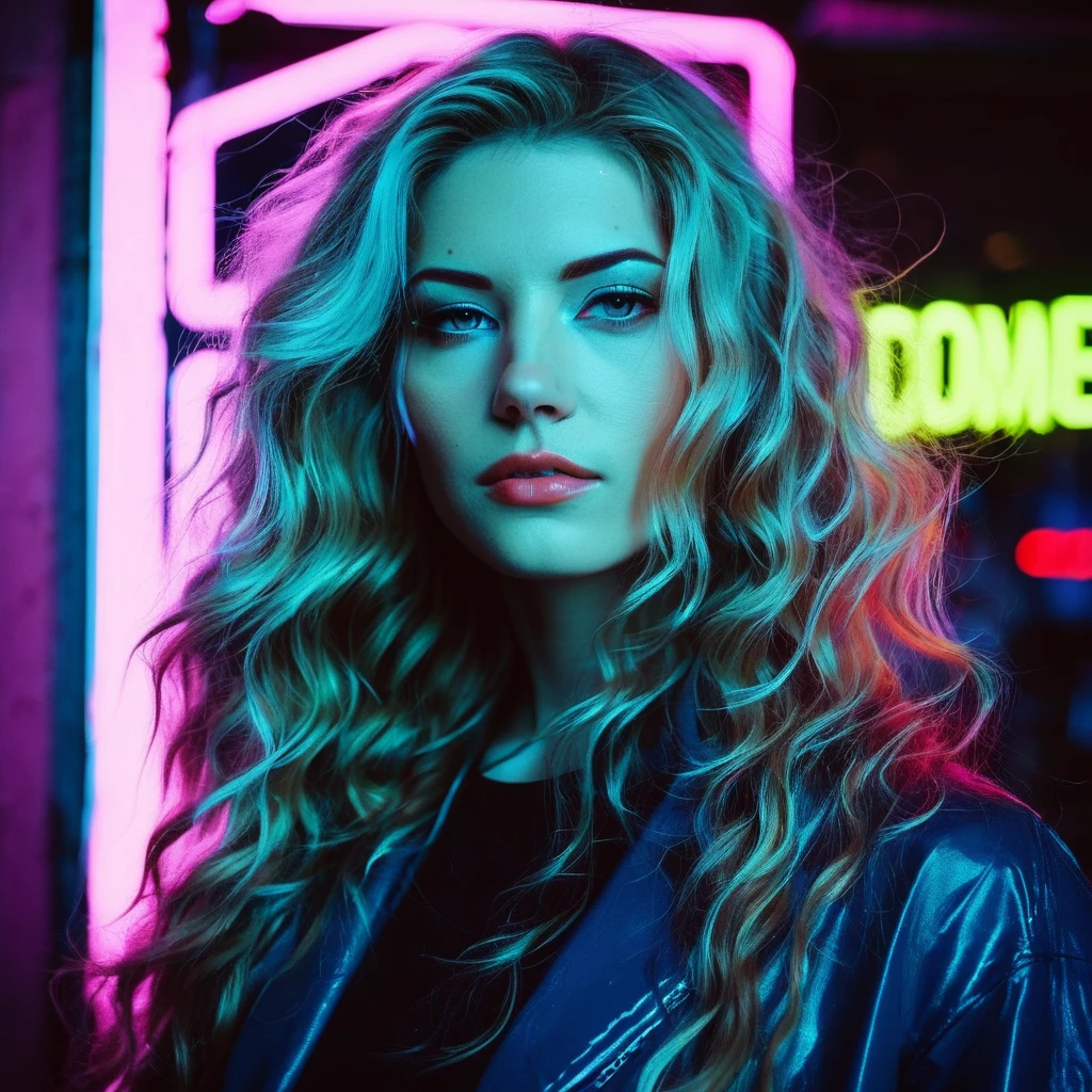 Photo of a woman with long wavy hair,portrait,kodachrome, neon,cyberpunk,  katxwinnick,   <lora:katwinnick_juggerX_xl_1_st_wocap-katxwinnick-000061:1>