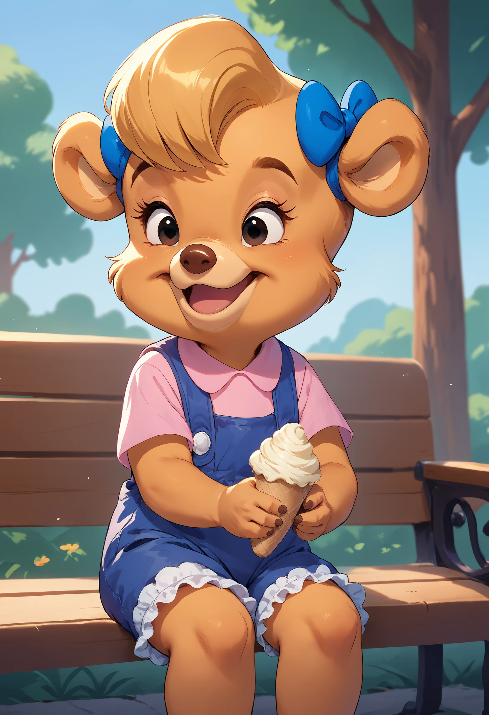 <lora:3Danimation_Disney_1.0:0.7> <lora:MollyCunningham_PonyXL_v1:1>, score_9, score_8_up, score_7_up, rating_safe, source_furry, solo, molly cunningham, young anthro, bear, toddler, blonde hair, pink top, blue overalls, frilly bloomers, hair bows, three-quarter portrait, open smile, sitting down, bench, holding icecream cone