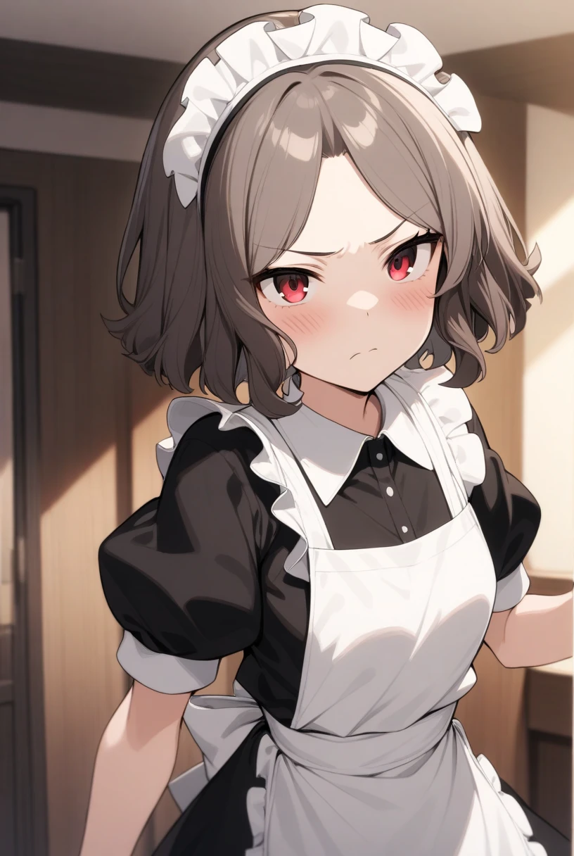 GBC_TOMO,1girl,solo,red eyes,short hair,wavy hair,brown hair,touhou,solo,maid headdress,maid,apron,short sleeves,dress,closed mouth,white apron,looking at viewer,maid apron,puffy short sleeves,indoors,blush,serious face,masterpiece,best quality,very aesthetic,absurdres,very aesthetic,absurdres,<lora:girls band cry_TOMO_sdxl:1>,