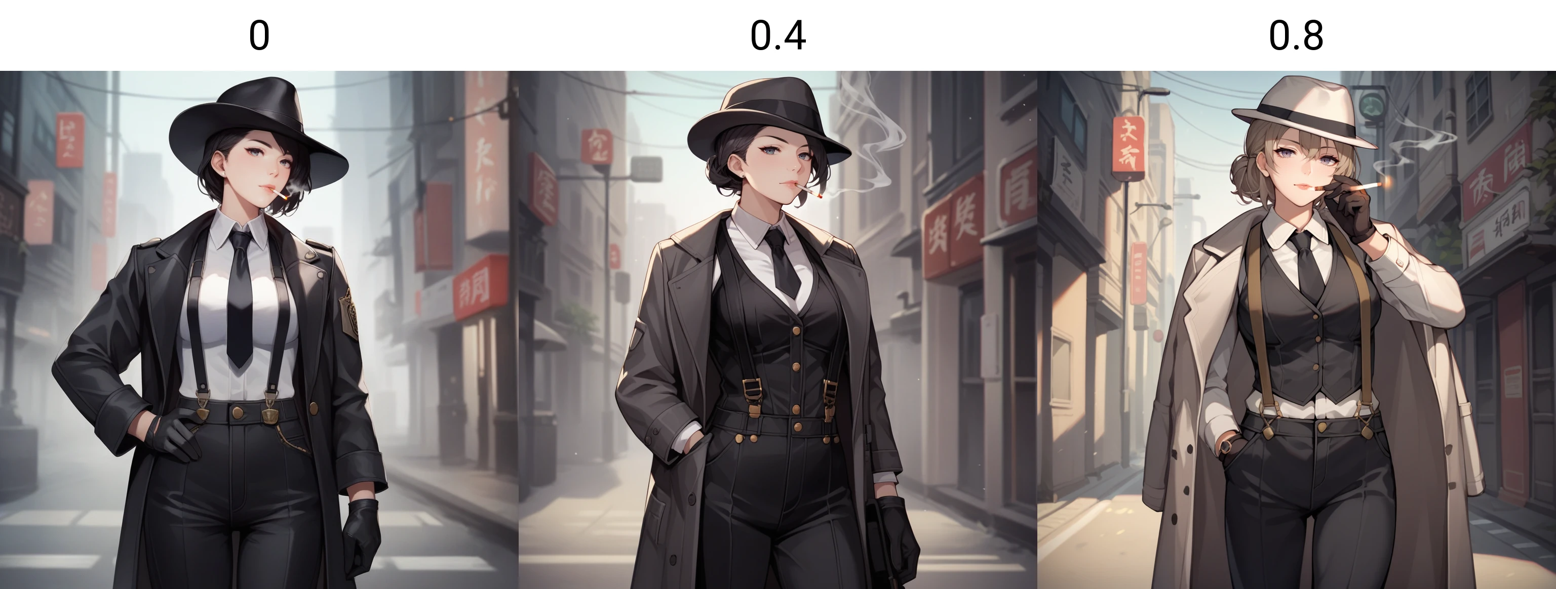 score_9,score_8_up,score_7_up,score_6_up,source_anime,rating_questionable, solo,1girl,  urban, mafioso, <lora:Mafia_Outfit:0> mafi4, necktie, gloves, suspenders, fedora, white shirt, black vest, black pants, coat, cigarette,, zPDXL2,