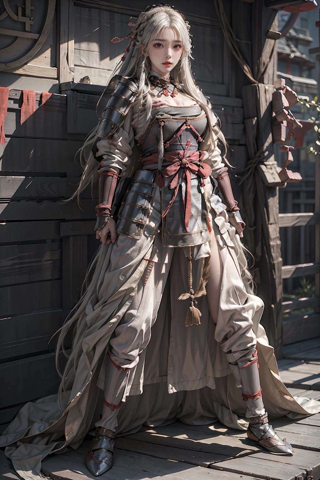 masterpiece,best quality,1girl,women,solo,full body,long white hair,samurai armor,breastplate,<lora:more_details:0.3>,<lora:nt2:0.6>,<lora:Samurai_armor:0.8>,