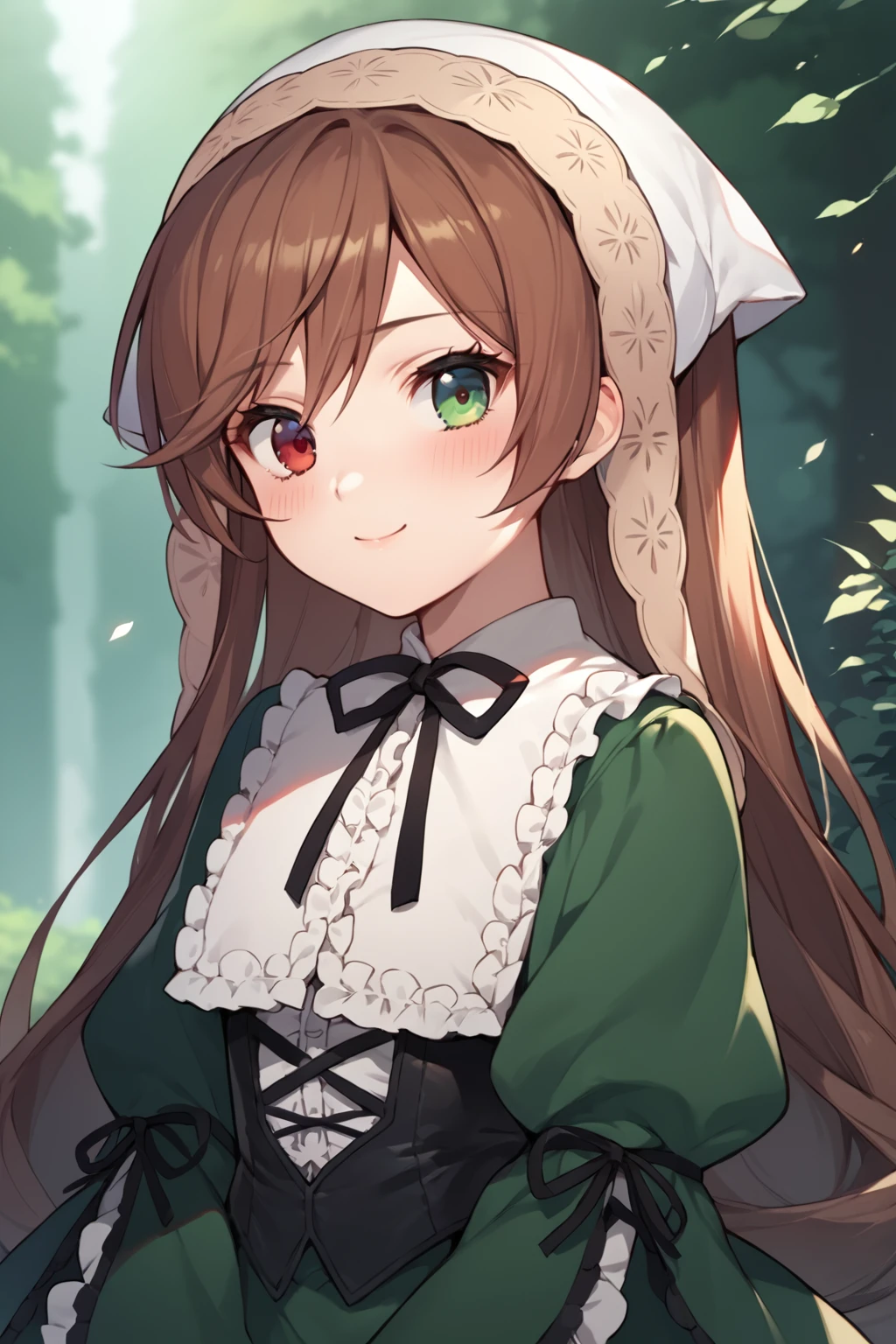 score_9, score_8_up, score_7_up, score_6_up, source_anime, 1girl, <lora:Suiseiseki_pdxl_v1.0:0.95> suiseiseki, bonnet, head scarf, ribbon, green dress, corset, upper body, outdoors, nature, light smile, blush