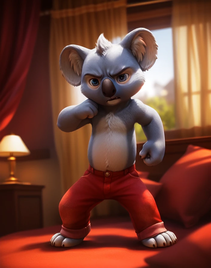 cinematic film still  <lora:BlinkyBillAnimN1:0.85>  BlinkyBillAnimN1,  koala, Red shorts,  (fighting stance, angry pose)
Male, Detailed multicolored skin, ( solo), [day, room , luxury room, children's room window, landscape outside the window, curtains, bed, pillows, light from the window], 
(beautiful, aesthetic, perfect, delicate, intricate), masterpiece, digital drawing, best quality, AS-YoungerV2:0.6, AS-YoungestV2:0.5,   
by Lostgoose, by Silverfox5213, by Joaqun Sorolla    
 . shallow depth of field, vignette, highly detailed, high budget, bokeh, cinemascope, moody, epic, gorgeous, film grain, grainy