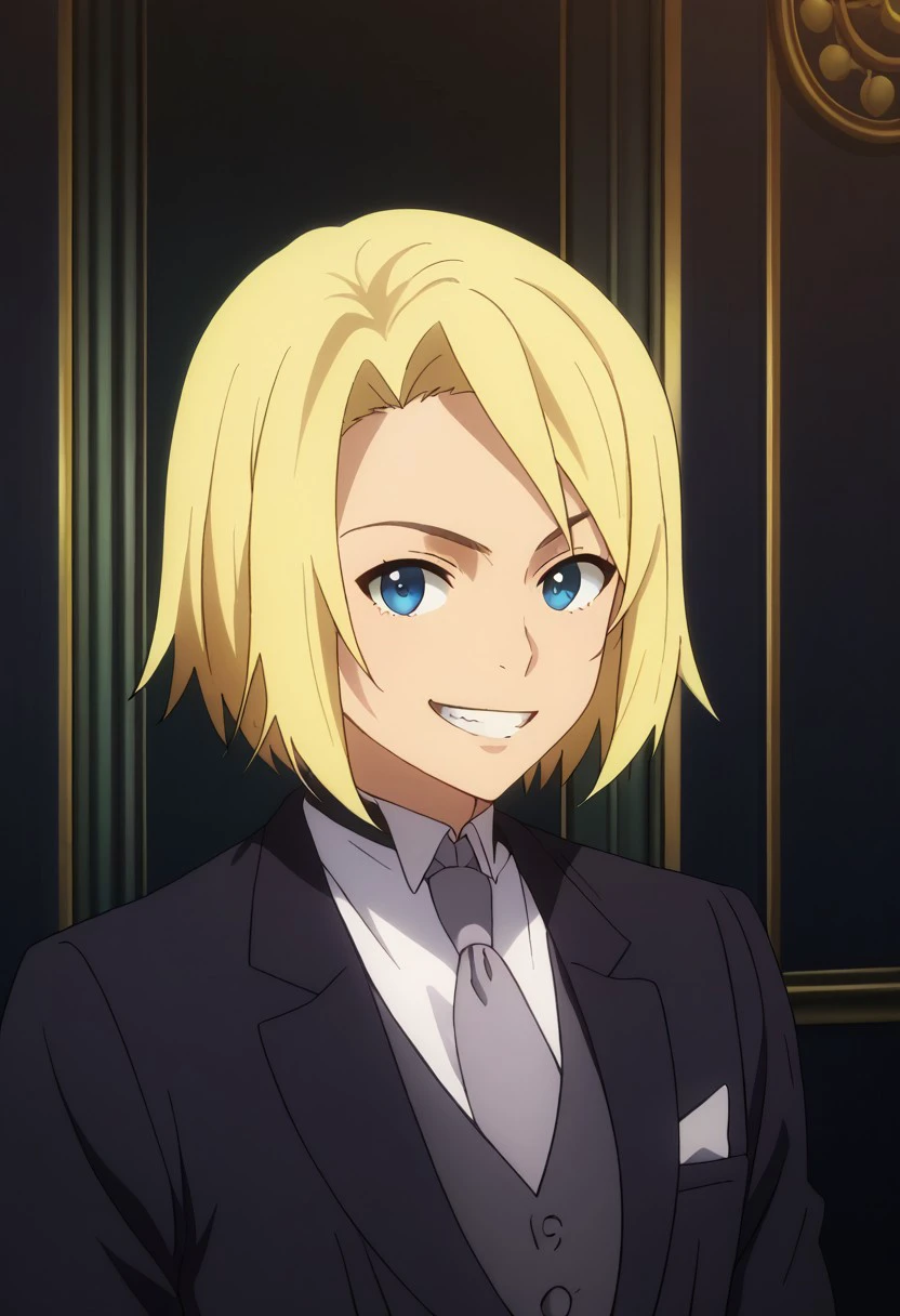 score_9, score_8_up, score_7_up, source_anime, highly detailed, 
quenser, solo, blonde hair, 1boy, formal, necktie, black netckie, suit, black suit, shirt, white shirt, upper body,
indoor, smile, grin,