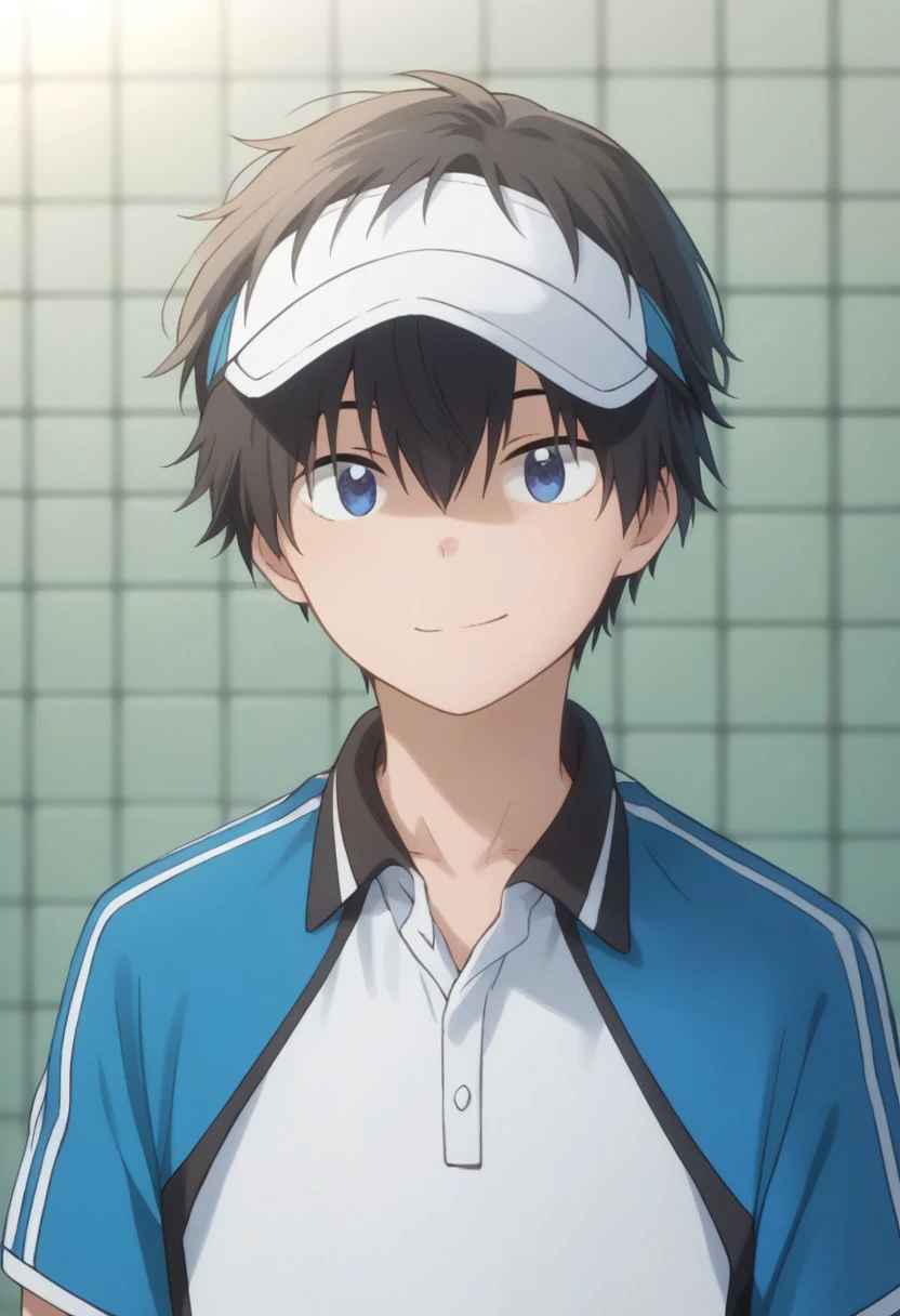 score_9, score_8_up, score_7_up, source_anime, highly detailed, 
maki, 1boy, solo, male focus, black hair, blue eyes, shirt, upper body, short sleeves, hair between eyes, sportswear, collared shirt, white shirt, blue shirt, tennis uniform, visor cap, smile,