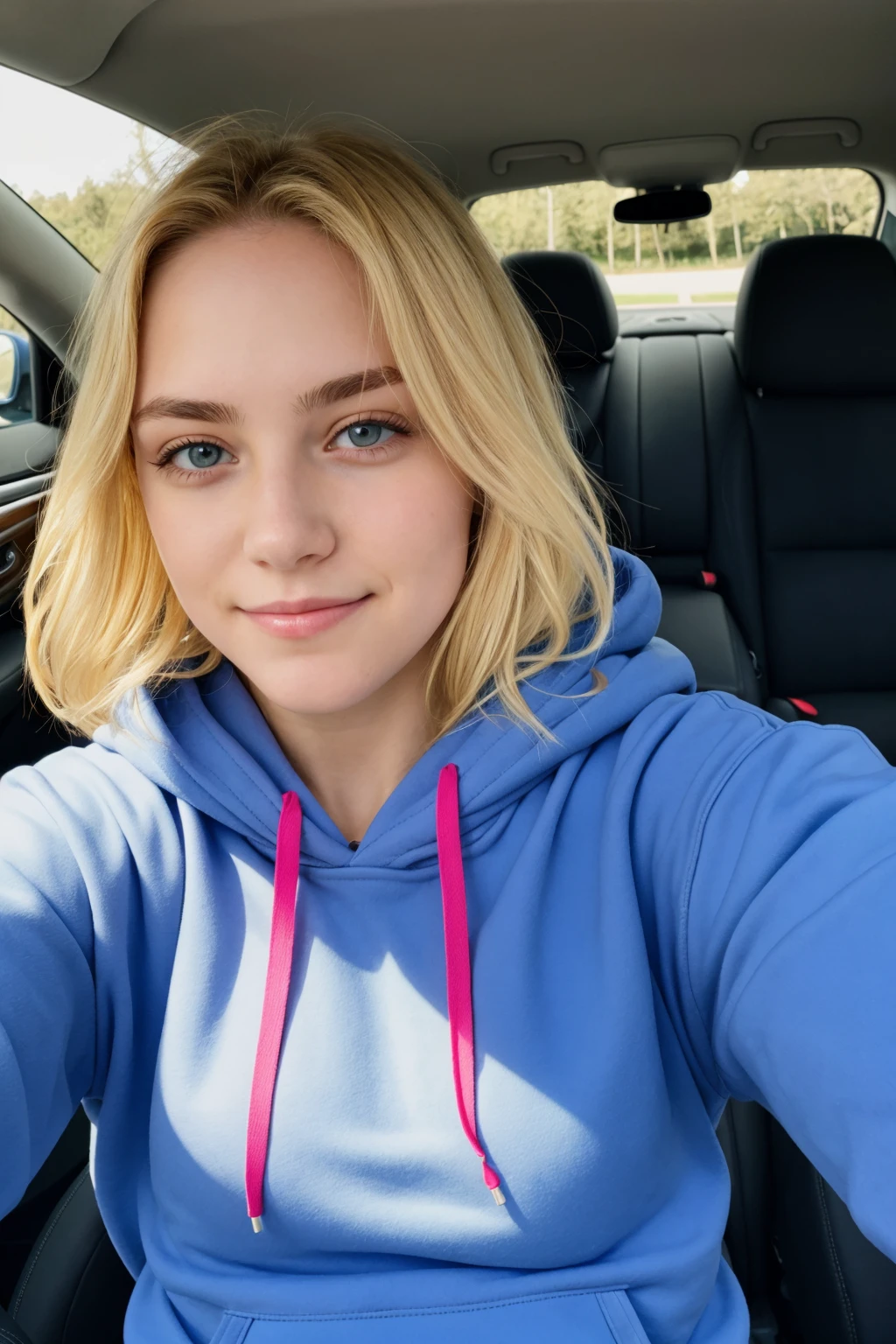 20yo blonde girl, upper body, selfie in a car,hoodie, inside a car, sunlight on face,