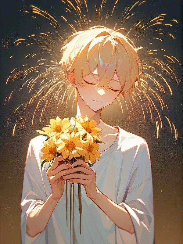 ((score_9, score_8_up, score_7_up)),(((source anime, best quality, best aesthetic, perfect anatomy, very NSFW, Art Composition, Gold Ratio))),1boy,skinny,slim sexy body,slender man,Light blonde Hair,(Male Actor, Happy Tears, holding flower, sleeping upright, High-contrast light),((<lora:zoom_slider_v1:5>,, fireworks)),
