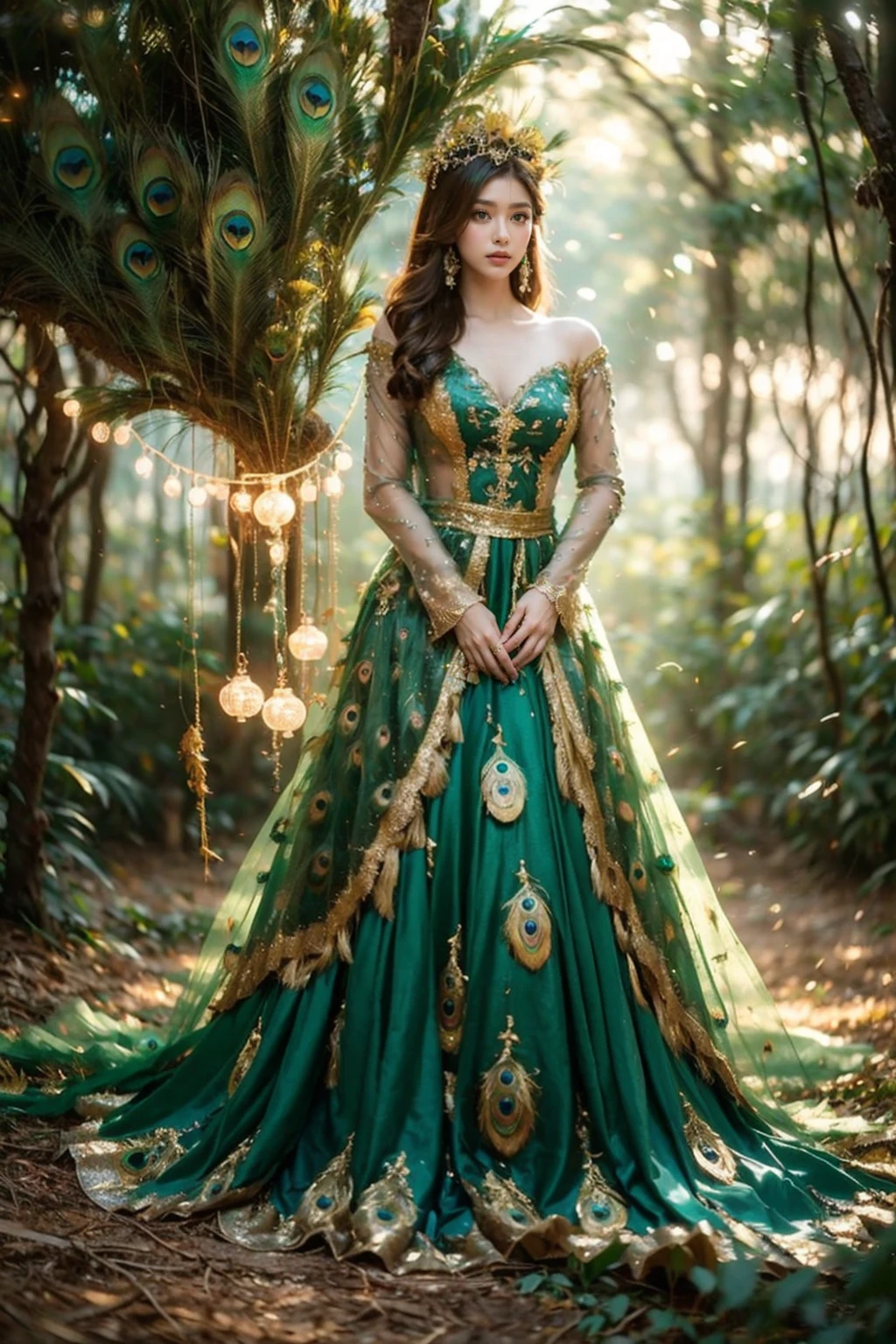 high quality,masterpiece,professional photography,8k,realistic,a girl in a peacock dress standing in a forest, jungle gown, fantasy photoshoot,royal green and nature light,looking majestic in forest,decorated with intricate details in emerald green and gold,solo,standing,long hair,looking at viewer,brown hair,long sleeves,brown eyes,blurry,tree,depth of field,fantasy art style,falling golden sparks add a magical touch to the scene, decorative light bulbs,plant,stairs,((peacock green feathers dress)),detailed textures, <lora:JAY - Jungle Princess:0.8>,