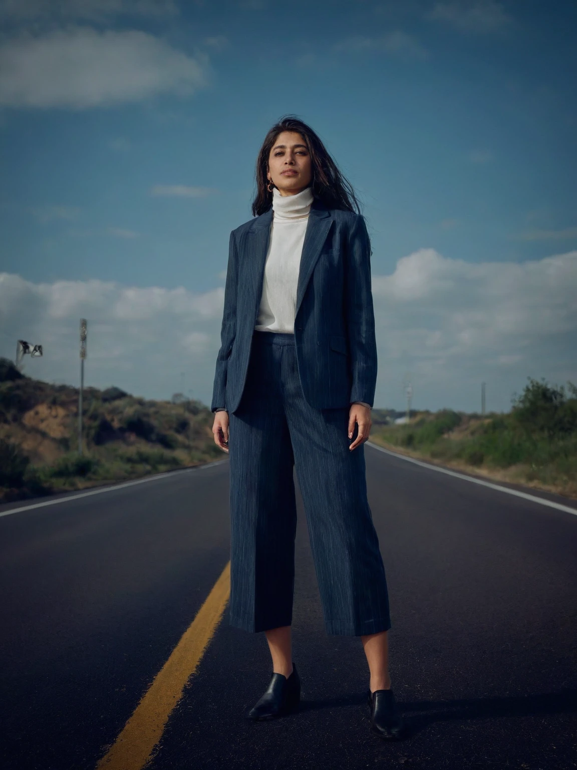 rimahassan,a woman wearing blazer and culottes, highway, <lora:rimahassan-XL:0.8>