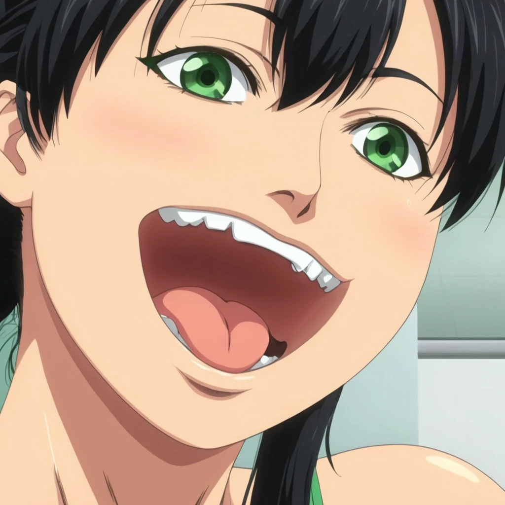 anime artwork of  <lora:Watashi ga Toriko ni Natte Yaru style:0.9>
An anime cartoon scene of Saki a closeup of a woman with black hair and green eyes,1girl,solo,smile,open mouth,black hair,hair between eyes,green eyes,ponytail,:d,parody,close-up , hentai, ova, original video animation, manga, Watashi ga Toriko ni Natte Yaru style, anime style, key visual, vibrant, studio anime,  highly detailed